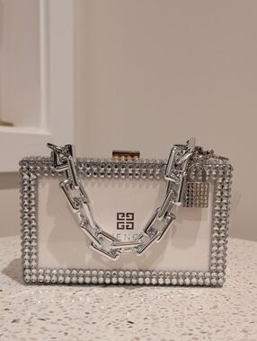 Upcycled Crystal-Trim Clear Box Clutch with Silver Chain